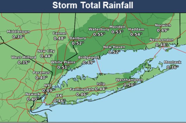 A weather map showing rainfall totals of about half an inch